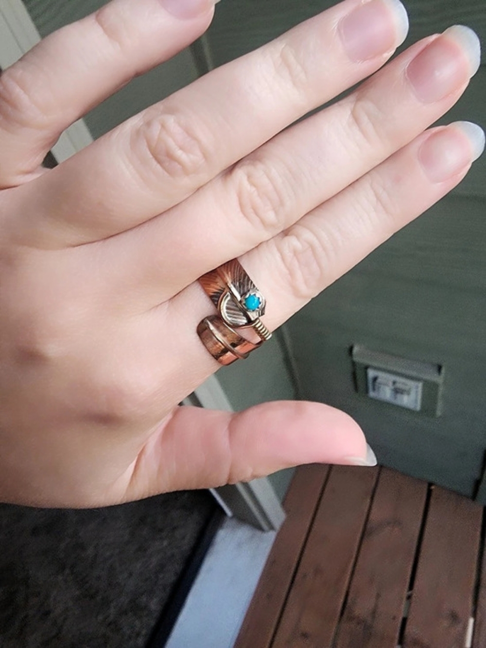 Native Made Copper And Turquoise Feather Ring